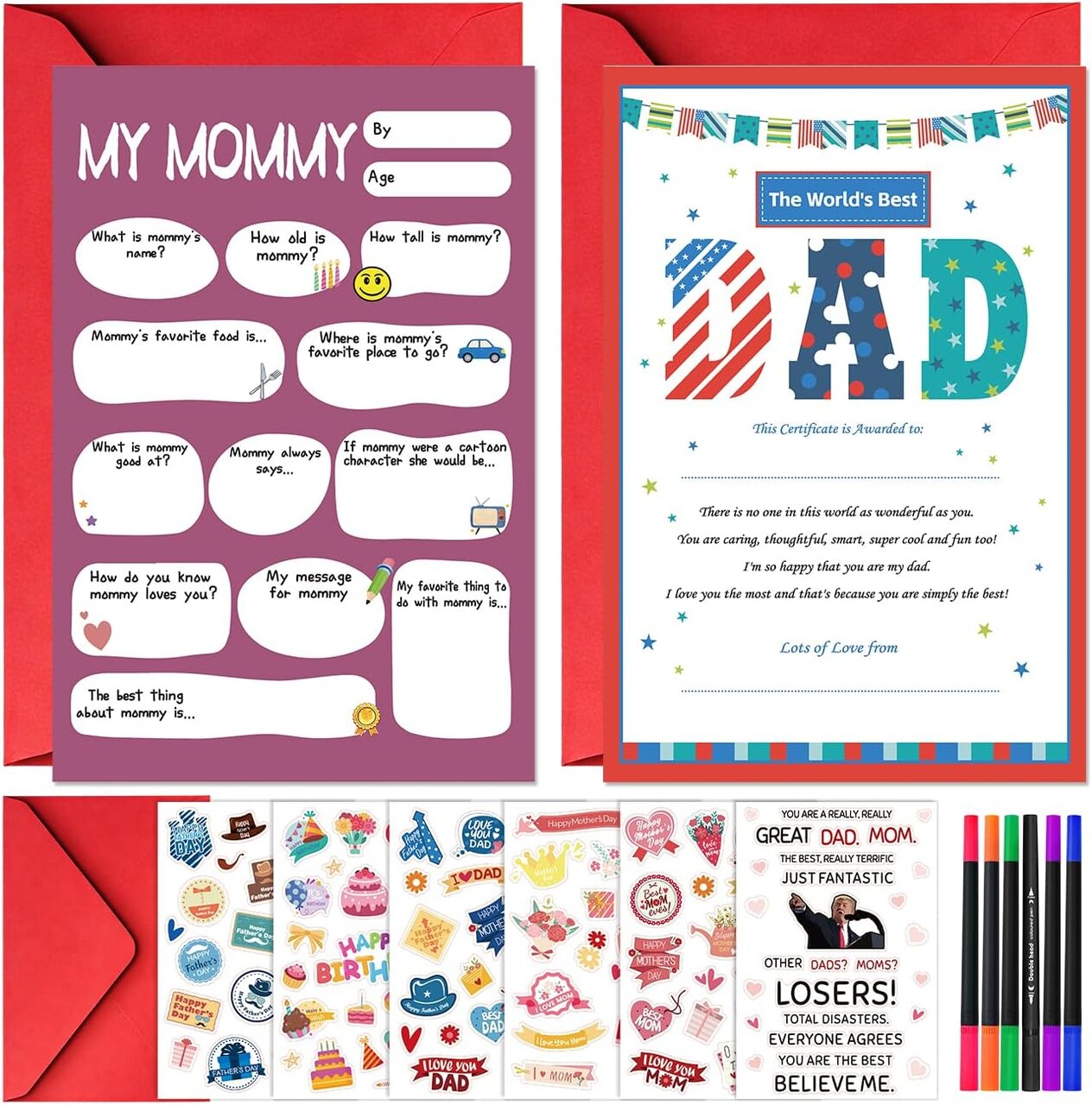 Mother’s & Father’s Day DIY Greeting Card Kit – Fill-in-the-Blank Cards with Envelopes, Stickers & Color Pens | Personalized Gift Set for Mom, Dad, Wife & Husband